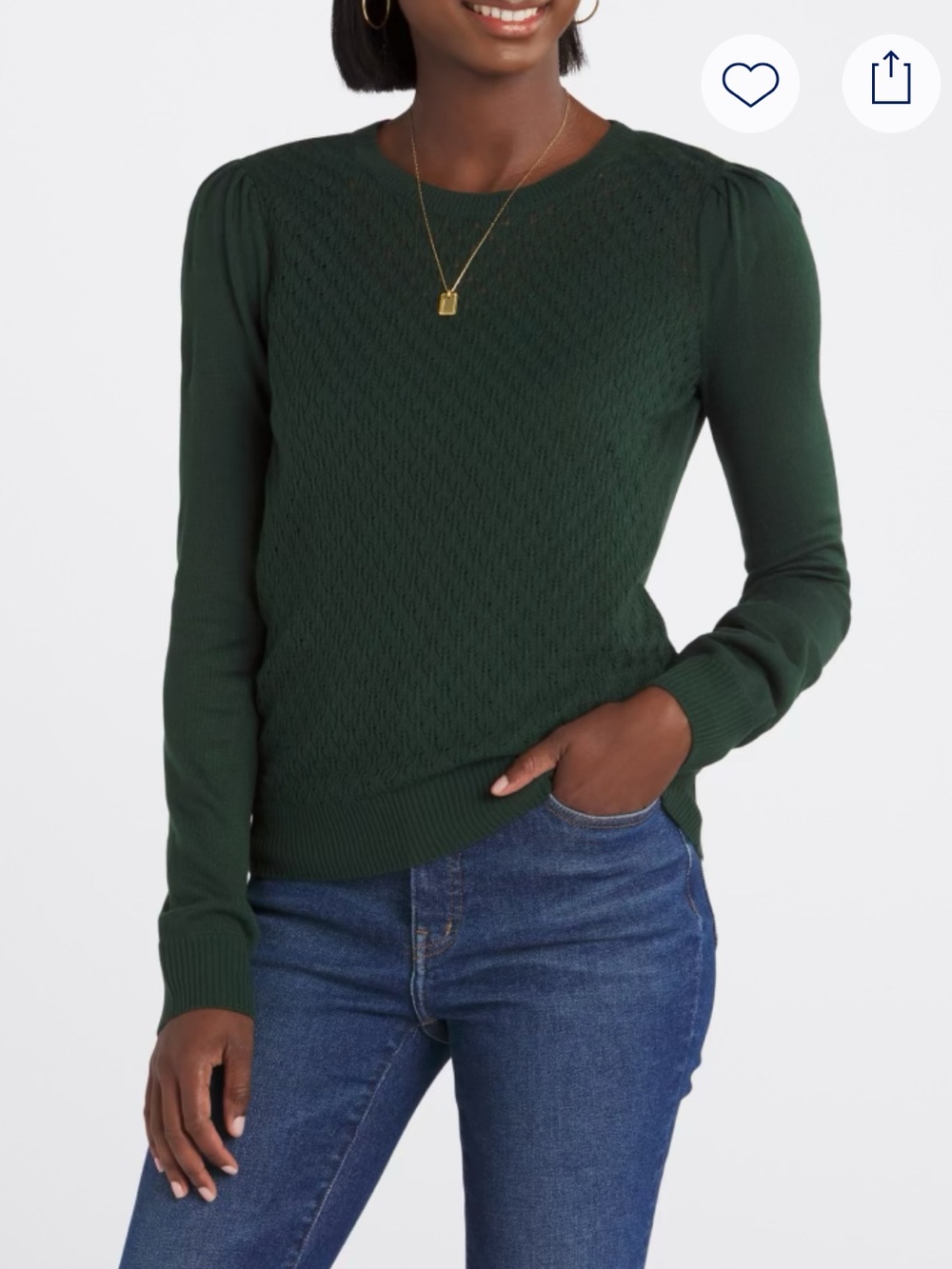 EUC Forest Green Sweater with Crewneck and Open Knit Front